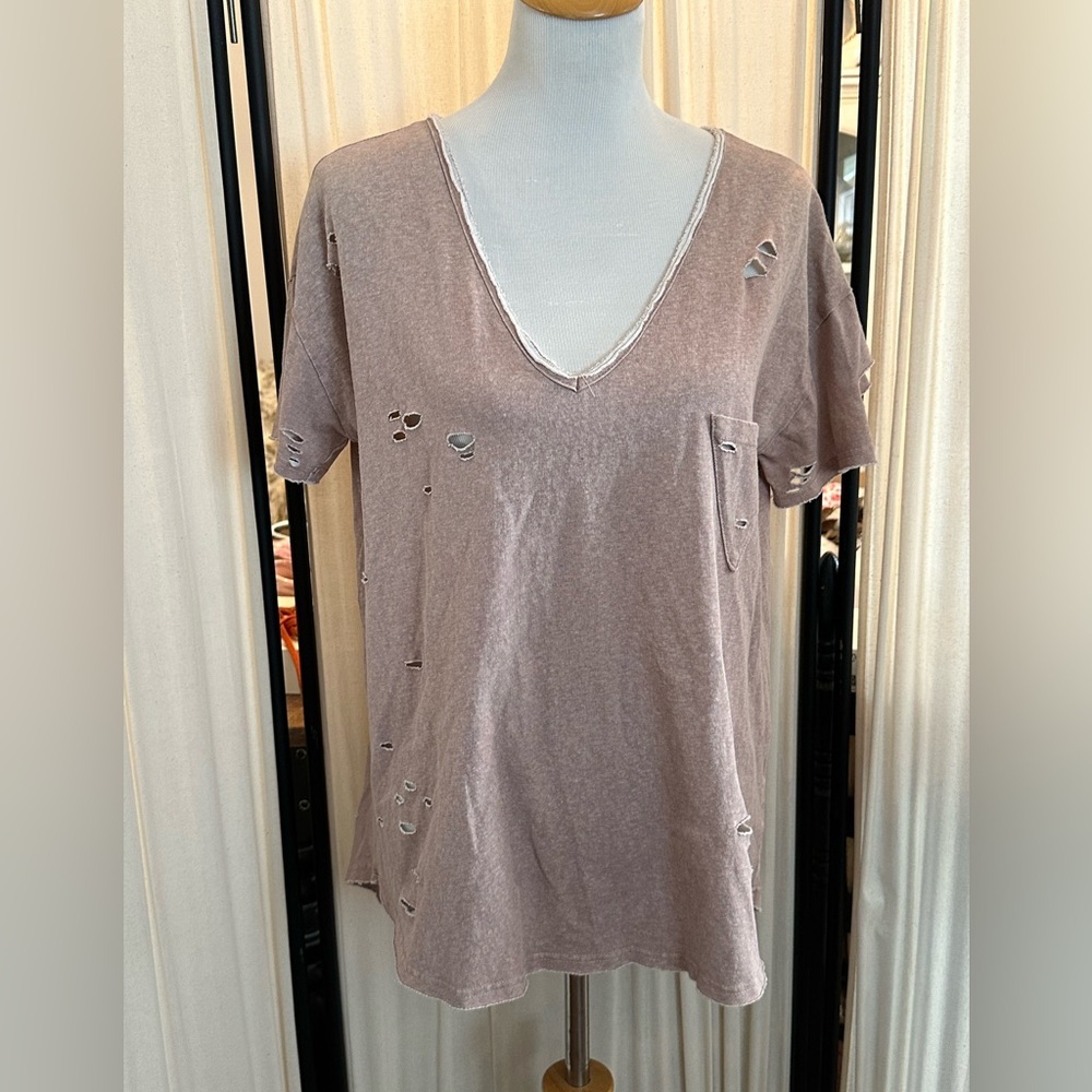 POL Distressed tan V-Neck Top